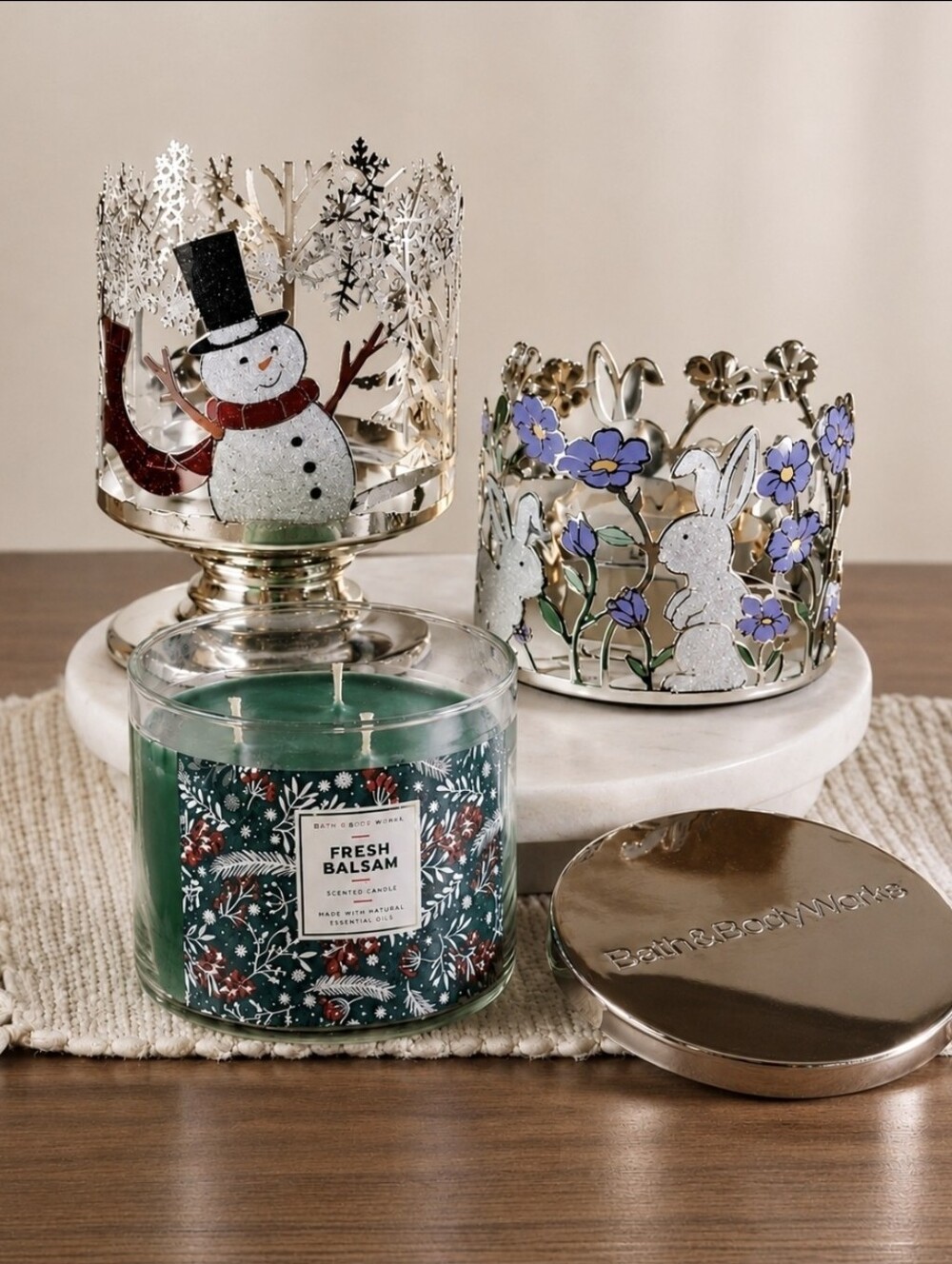 3 Peice Set, Bath & Body Works 3-Wick Candle with Snowman & Bunny Candle Holder - Picture 2 of 15